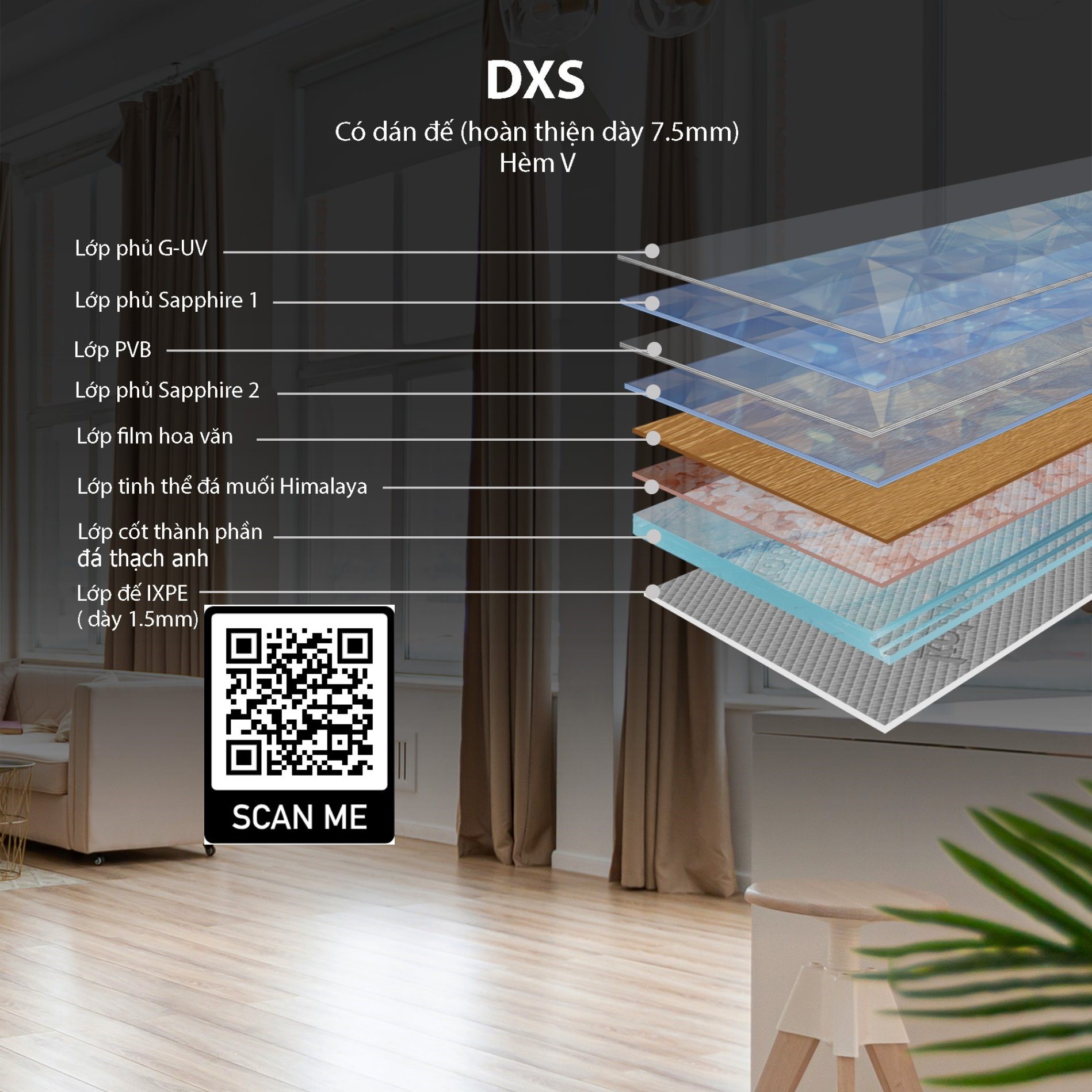 Sơ đồ cấu tạo 7 lớp sàn thạch anh Kobler DXS có lớp tinh thể đá muối Himalaya